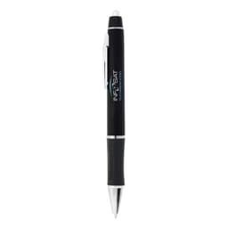 A black plastic pen with a silver tip and a textured grip. It has a logo on the barrel.