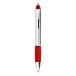 A metal pen with a shiny silver barrel and a red rubber grip. Includes a clip and has a logo.