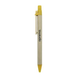 A yellow and cream pen with a clip and a logo on the body, designed for writing.