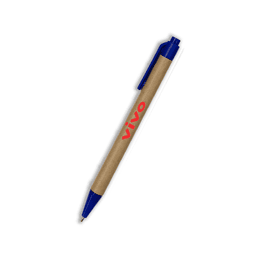 A paper pen with a kraft barrel and blue accents, featuring a logo.
