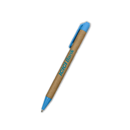 A blue and brown paper pen featuring a logo, designed with a simple and eco-friendly aesthetic.