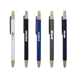 A collection of bamboo click pens in white, black, blue, dark grey, and natural finishes, each with a clip and branding.