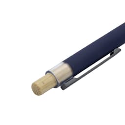 A bamboo click pen with a navy barrel, a bamboo tip, and a metal clip, featuring a logo.