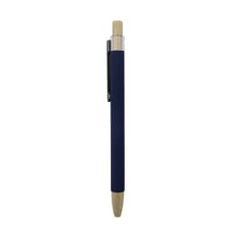 A blue pen with a bamboo tip and metallic accents, featuring a clip and a logo.