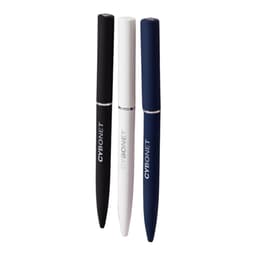 Three metal pens in black, white, and navy blue, featuring branding on the barrels.