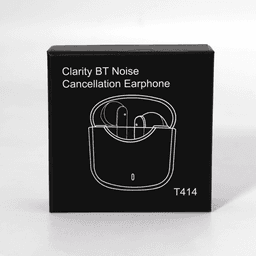 A black box containing Clarity BT Noise Cancellation Earphones, featuring a design outline of the earbuds inside.