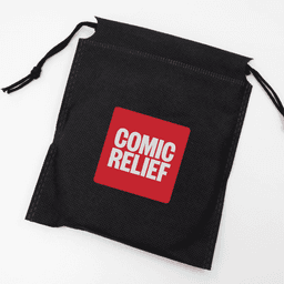 A black drawstring pouch featuring a red square with a white logo.