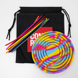 A sensory activity board in rainbow colours with multiple colourful rods, packaged in a black drawstring bag featuring a logo.