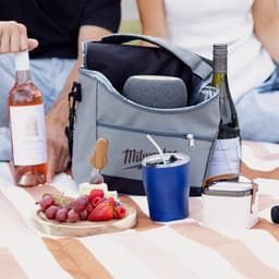 A grey cooler bag with various beverages, fruits, and snacks arranged on a picnic blanket.