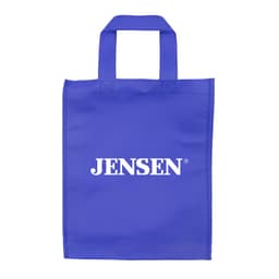 A purple tradeshow bag with two handles and a white logo.