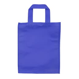 A blue tote bag with two short handles and a simple design, featuring a logo on one side.
