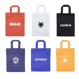 A collection of six tote bags in orange, white, black, purple, blue, and yellow, each with a logo.