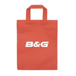 A red tradeshow bag with two handles and a logo on the front.