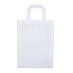 A white reusable bag with two handles and a transparent front panel, featuring a logo or branding.