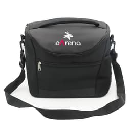 A black cooler bag with a zippered front pocket and a mesh side pocket, featuring a logo.