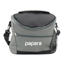 A grey cooler bag with a black top, featuring a zippered pocket and a mesh side pocket. It has a logo on the front.