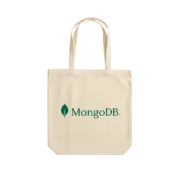 A natural beige tote bag with two handles and a logo on one side.