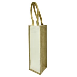 A jute wine bag featuring a natural brown hue with a cream-coloured panel and two sturdy handles.