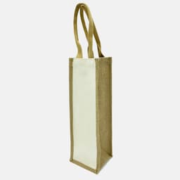 A jute single wine bag in natural beige with a cream centre panel and two sturdy handles. It features a branding logo.