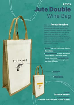 A jute double wine bag in natural and cream colours, featuring a branding logo and sturdy handles.
