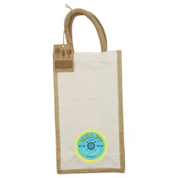 A jute double wine bag in natural beige with tan handles, featuring a circular logo.
