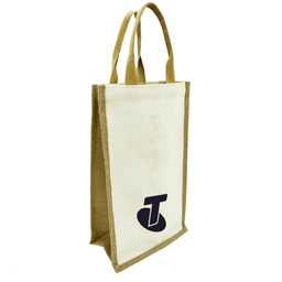 A jute double wine bag in natural and brown hues, featuring carry handles and a logo on one side.