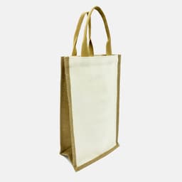 A jute double wine bag in natural beige and tan, featuring sturdy handles and a simple, rustic design.