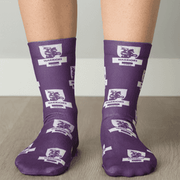 Purple socks featuring a pattern with lions and logos, showcasing a vibrant design and comfortable fit.