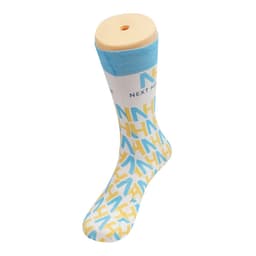 A pair of socks featuring a blue and white design with a pattern in yellow, displayed on a sock mannequin.