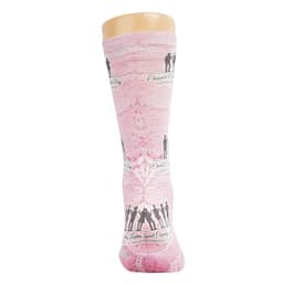 A pair of pink socks featuring various designs, with a logo on the upper section.