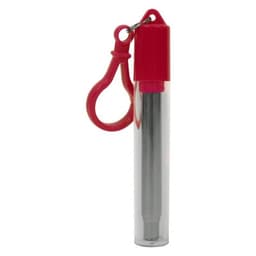 A telescopic stainless steel straw in a clear tube, featuring a red cap and keyring attachment.