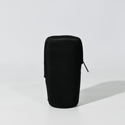 A black pouch with a zip closure, featuring a simple design and a logo.