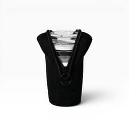 A black pouch with a zip, designed to hold a drink bottle securely. Features a logo on the front.