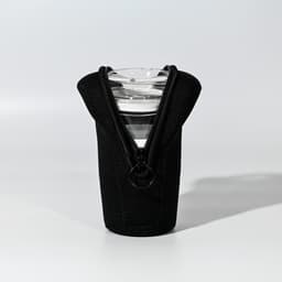 A black pouch with a zipper, designed to hold a clear drink bottle securely.