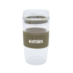 A reusable coffee cup in clear and olive green, featuring a logo and a silicone grip band.