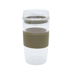 A drink bottle featuring a clear design with a beige silicone band, designed for reusable coffee.