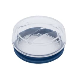 A reusable coffee cup with a clear lid and a dark blue silicone base. It features a branding logo.