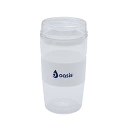 A reusable coffee cup in clear and white, featuring a logo and a cylindrical shape.