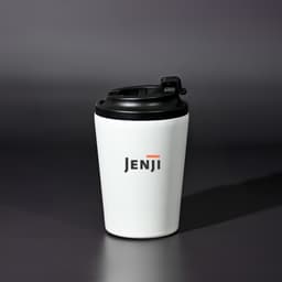 A drink bottle with a white body and black lid, featuring a logo on the front.