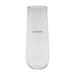 A clear, stemless shatterproof champagne glass with a logo printed on it. Suitable for drinks and festivities.