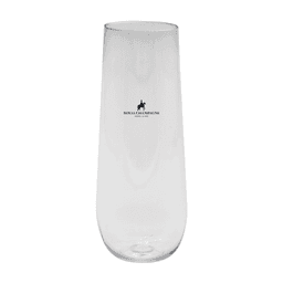A clear, stemless shatterproof champagne glass featuring a logo, suitable for drinkware.