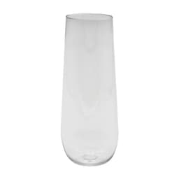 A stemless shatterproof champagne glass in clear plastic with a smooth, modern design. It features a logo.