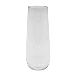 A clear, stemless shatterproof champagne glass with a smooth, modern design and a subtle logo.