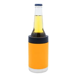 A drink bottle holder in vibrant orange and silver, designed for standard-sized stubby bottles, featuring a black rim.