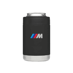A black stubby cooler with a silver base, featuring a branded logo on the front.