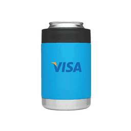A drink holder featuring a blue exterior and a silver base, with a logo on the front.