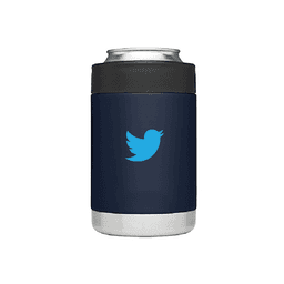 A drink cooler in navy blue with a silver bottom and a logo. Ideal for holding beverages.