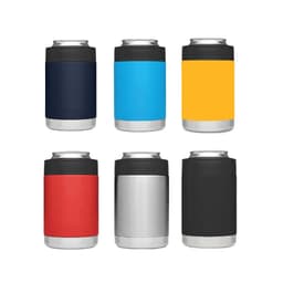 A collection of six stubby coolers in navy, blue, yellow, red, silver, and black, featuring various colours and a logo.