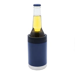 A drink bottle holder in navy with a silver base, designed to keep beverages cool.