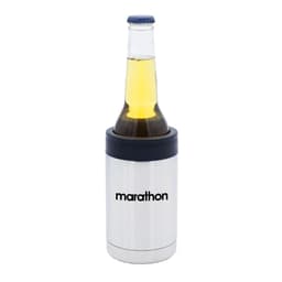 A stainless steel stubby cooler with a black top, holding a beer bottle. It features a logo on the front.